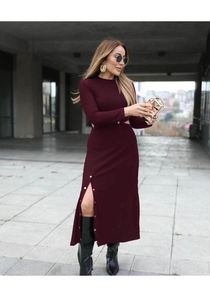 Fh Fashionhere Kadın Uzun Kollu Çıtçıtlı Viskon Krop Bluz ve Yırtmaçlı Etek Istenildiğinde Elbise Olan Ikili Takım