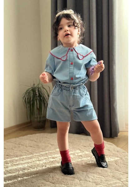 Kalp Desenli Kız Çocuk Şortlu 2 li takım - Açık Mavi