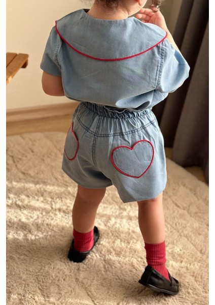 Kalp Desenli Kız Çocuk Şortlu 2 li takım - Açık Mavi modelleri