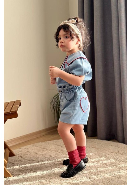 Kalp Desenli Kız Çocuk Şortlu 2 li takım - Açık Mavi fırsatları