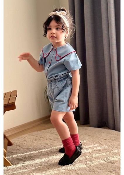 Kalp Desenli Kız Çocuk Şortlu 2 li takım - Açık Mavi indirimleri