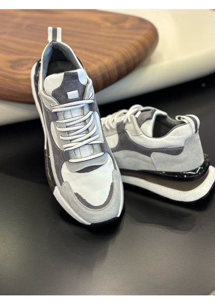 1098 Beyaz Füme Hakiki Deri Erkek Sneakers