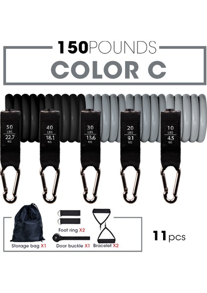 150LBS-11PCS-RENK C Stili Adet Fitness Direnç Tüp Bandı Yoga Salonu Streç Çekme Halatı Egzersiz Eğitimi Genişletici Kapı Çapa Kolu Ayak Bileği Kayışı (Yurt Dışından)