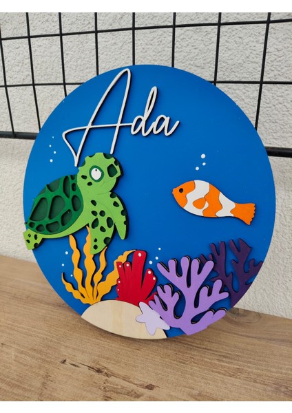 Kişiye Özel Tasarlanabilir Deniz Temalı Mavi Ahşap Hastane Bebek Odası Kapı Süsü