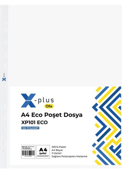 X-Plus XP101 Eco Delikli Poşet Dosya A4 30 Mikron - 100 Adet