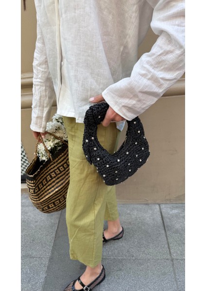 Taşlı Siyah Renk Minik Elde Tutma Hasır Çanta