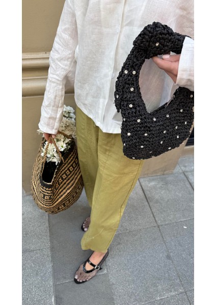 Taşlı Siyah Renk Minik Elde Tutma Hasır Çanta fiyatları