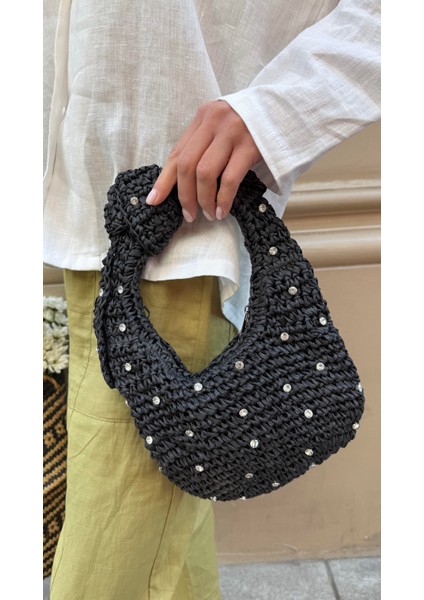 Taşlı Siyah Renk Minik Elde Tutma Hasır Çanta modelleri