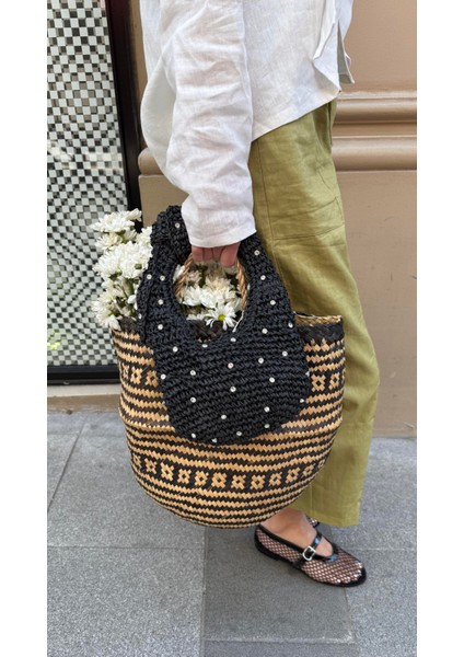 Taşlı Siyah Renk Minik Elde Tutma Hasır Çanta fırsatları