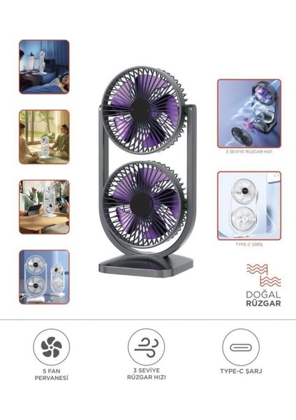 Mini Fan | Taşınabilir Çift Başlıklı Sessiz Vantilatör | Type-C Girişli, 3 Kademel
