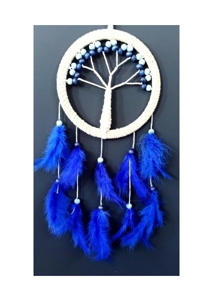 Saks Mavisi Kuş Tüylü Hayat Ağacı Düş Kapanı Dream Catcher Duvar Süsü