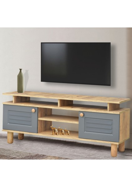 Helena Tv Sehpası Atlantik Çam Antrasit 2 Kapaklı Açık Raflı Bölmeli Tasarım 140x36x60 Cm fiyatları