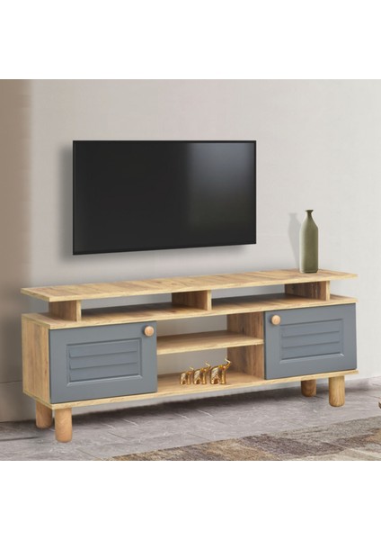 Helena Tv Sehpası Atlantik Çam Antrasit 2 Kapaklı Açık Raflı Bölmeli Tasarım 140x36x60 Cm modelleri