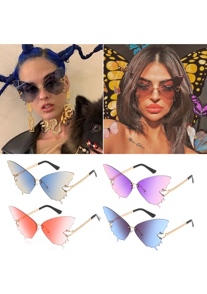 C02 Stili Moda Degrade Kelebek Kadınlar Için Güneş Gözlüğü Uv Koruma Vintage Metal Çerçevesiz Güneş Gözlüğü Retro Gözlük Parti Dekoru (Yurt Dışından)