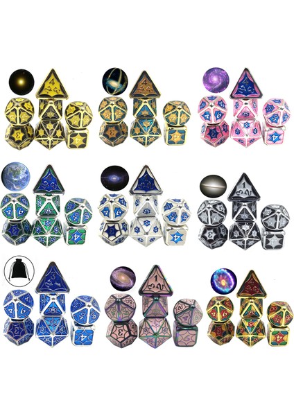 M0006-C Stili 7pcs Galaxy Metal Zar Seti D&d Çokyüzlü Zar Dnd Rpg Mtg Masa Oyunları Dados Zar D20 D12 D10 D% D8 D6 D4 Kadife Kılıflı (Yurt Dışından)