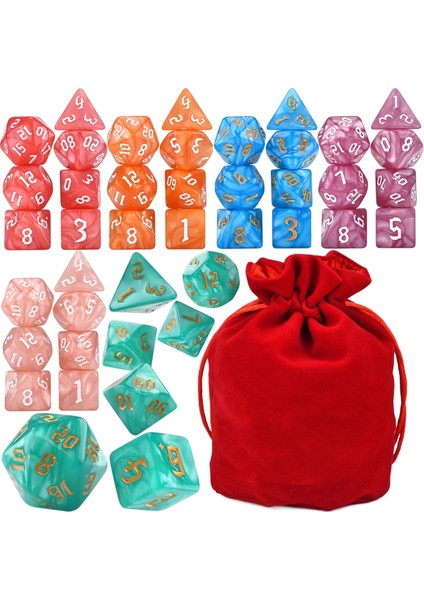 Kırmızı Stil 6x7-Die Pearl Swirl Çokyüzlü Zar Seti D4 D6 D8 D10 D% D12 D20 Dnd Mtg Trpg Için Ipli Çantalı (Yurt Dışından)