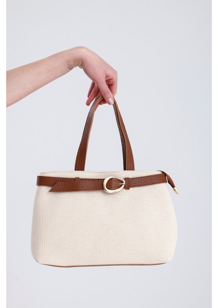 Taba Deri Saplı Fermuar Kapamalı Keten Kadın El ve Omuz Çantası