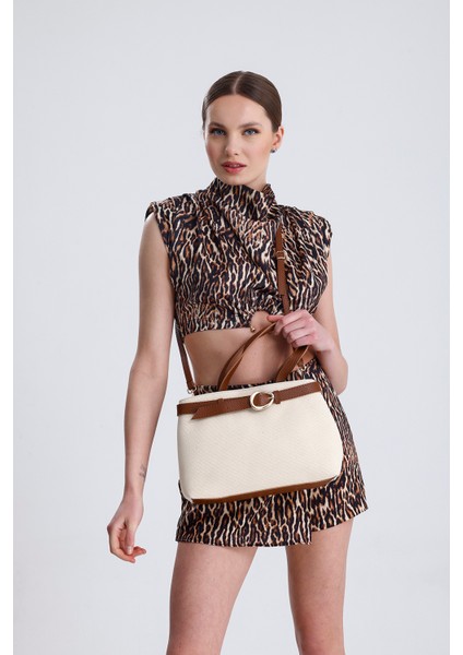 Taba Deri Saplı Fermuar Kapamalı Keten Kadın El ve Omuz Çantası fırsatları