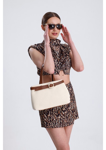 Taba Deri Saplı Fermuar Kapamalı Keten Kadın El ve Omuz Çantası indirimleri