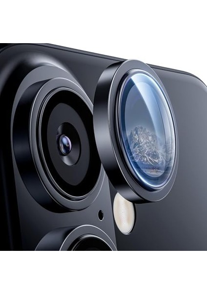 iPhone 16 ve 16 Plus ile Uyumlu Alüminyum Alaşım Çerçeveli ve 9h Sertliğinde Temperli Camlı Lens Koruyucu (Siyah, Sapphire Glass)