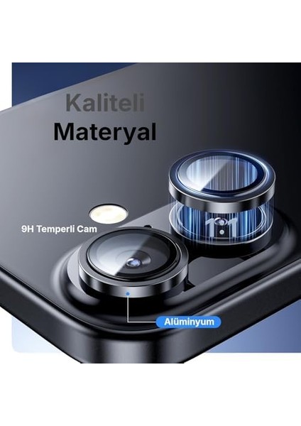 iPhone 16 ve 16 Plus ile Uyumlu Alüminyum Alaşım Çerçeveli ve 9h Sertliğinde Temperli Camlı Lens Koruyucu (Siyah, Sapphire Glass)