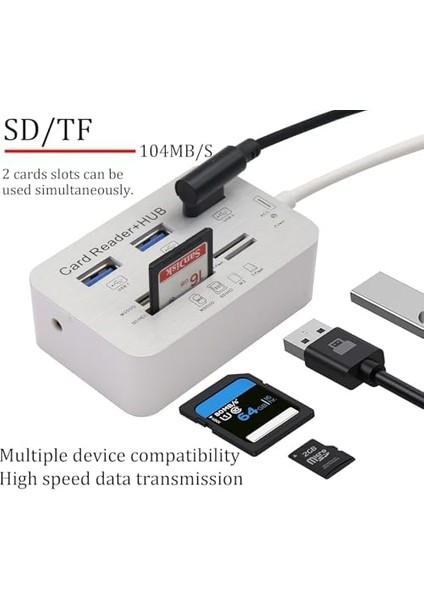 Type-C 3.0/3.1 Kart Okuyucu Adaptörü Type-C'den 3 Portlu USB 3.0 Hub'a Kart Okuyucu Msduo Sd(Hc) M2 Tf(Flash) Çoklu 1 Arada Bellek Adaptörü Kablosu(Beyaz/type-C)