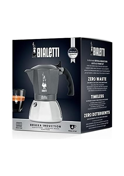 - Brikka Indüksiyon: 4 Cups Ocak Üstü Bol Köpüklü Espresso Pişirici - 170ML - Alt Hazne: Dış Paslanmaz Çelik Iç Alüminyum - Patentli Güvenlik Valfi - Indüksiyon Ocak Türleri Için Uygundur
