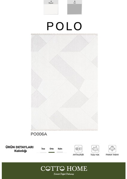 Polo PO006A Beyaz Halı Geometrik Desenli Antialerjik Pamuk Taban Salon Halısı Yatak Odası Koridor