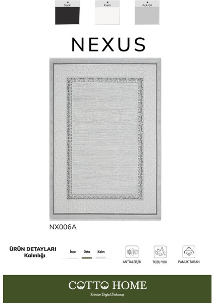 Nexus NX006A Gri Halı Modern Desenli Antialerjik Pamuk Taban Salon Halısı Yatak Odası Mutfak Koridor