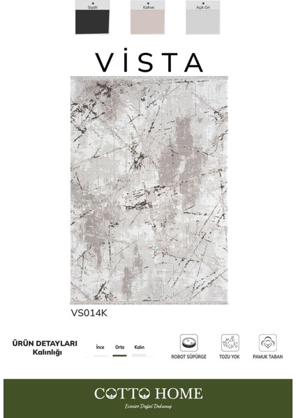 Vısta VS014K Gri Halı Modern Desen Antialerjik Pamuk Taban Yıkanabilir Salon Halısı Yatak Odası