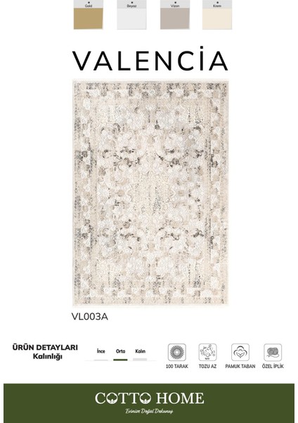 Valencıa VL003A Klasik Desenli Krem Halı Özel Akrilik Iplik Pamuk Taban Tozu Az Salon Halısı
