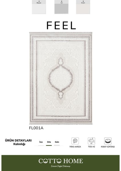Feel FL001A Krem Halı Avangard Desenli Akrilik Tozu Az Pamuk Taban Salon Halısı Yatak Odası Koridor