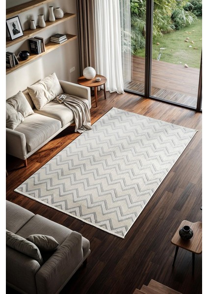 Iskandinav IV003A Krem Halı Gri Geometrik Detaylı Antialerjik Pamuk Taban Salon Halısı Koridor