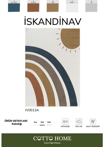 Iskandinav IV013A Renkli Gökkuşağı Rainbow Desen Çocuk Odası Halısı Antialerjik Pamuk Taban