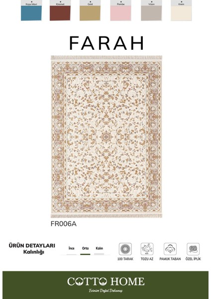 Farah FR006A Renkli Halı Klasik Desen Özel Ipli Pamuk Taban Tozu Az Salon Halısı Yatak Odası Koridor
