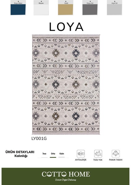 Loya LY001G Gri Halı Etnik Desen Antialerjik Tozu Yok Pamuk Taban Salon Halısı Yatak Odası Koridor