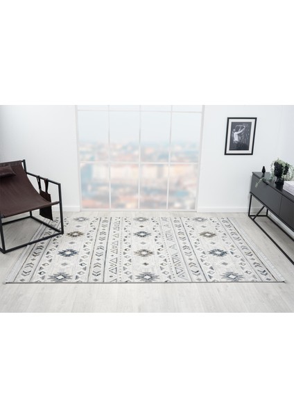 Loya LY001G Gri Halı Etnik Desen Antialerjik Tozu Yok Pamuk Taban Salon Halısı Yatak Odası Koridor