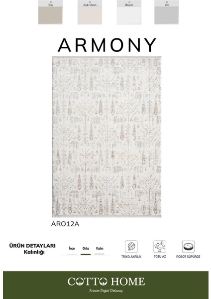 Armony AR012A Beyaz Halı Modern Desenli Akrilik Pamuk Taban Tozu Az Salon Halısı Yatak Odası Koridor