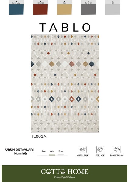Tablo TL001A Krem Halı Modern Desen Antialerjik Pamuk Taban Yıkanabilir Salon Halısı Yatak Odası
