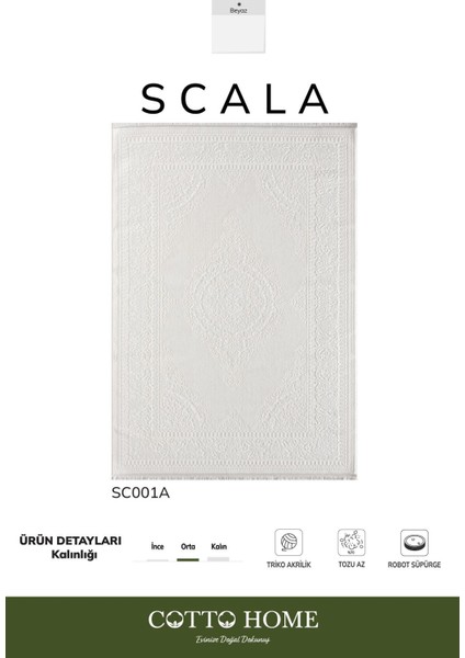 Scala SC001A Beyaz Halı Klasik Desenli Tozu Az Akrilik Salon Halısı Yatak Odası Mutfak Koridor