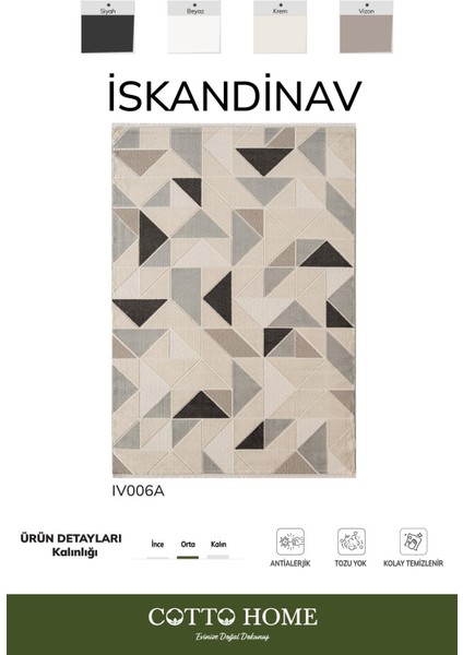Iskandinav IV006A Krem Halı Geometrik Detaylı Antialerjik Pamuk Taban Salon Halısı Yatak Odası