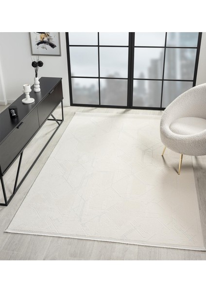 Armony AR011A Beyaz Halı Modern Desenli Akrilik Pamuk Taban Tozu Az Salon Halısı Yatak Odası Koridor