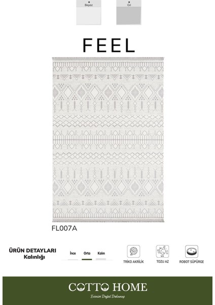Feel FL007A Krem Halı Etnik Desen Akrilik Tozu Az Pamuk Taban Salon Halısı Yatak Odası Koridor