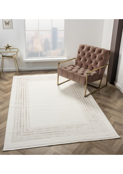 Armony AR008A Beyaz Halı Modern Desenli Çerçeveli Akrilik Tozu Az Salon Halısı Yatak Odası Koridor