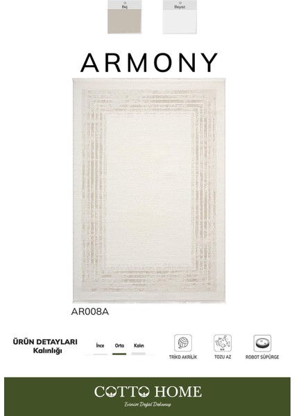 Armony AR008A Beyaz Halı Modern Desenli Çerçeveli Akrilik Tozu Az Salon Halısı Yatak Odası Koridor
