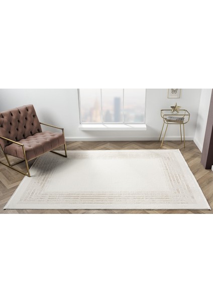 Armony AR008A Beyaz Halı Modern Desenli Çerçeveli Akrilik Tozu Az Salon Halısı Yatak Odası Koridor