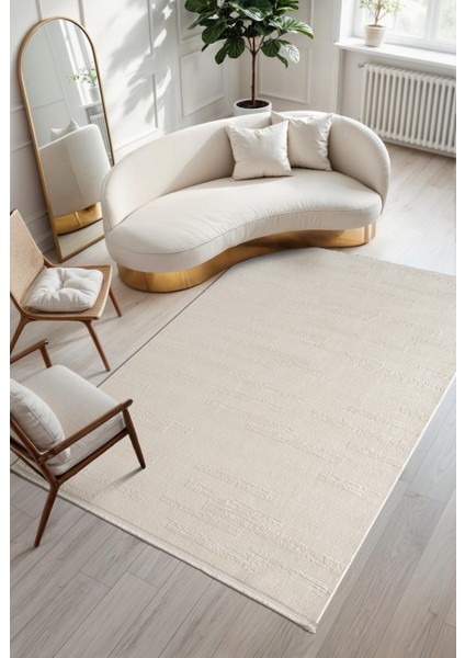 Armony AR013W Beyaz Halı Modern Desenli Akrilik Pamuk Taban Tozu Az Salon Halısı Yatak Odası Koridor