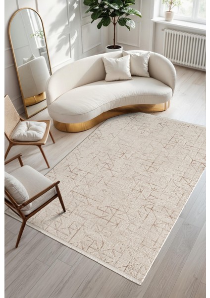 Armony AR015K Krem Halı Modern Desenli Akrilik Pamuk Taban Tozu Az Salon Halısı Yatak Odası Koridor
