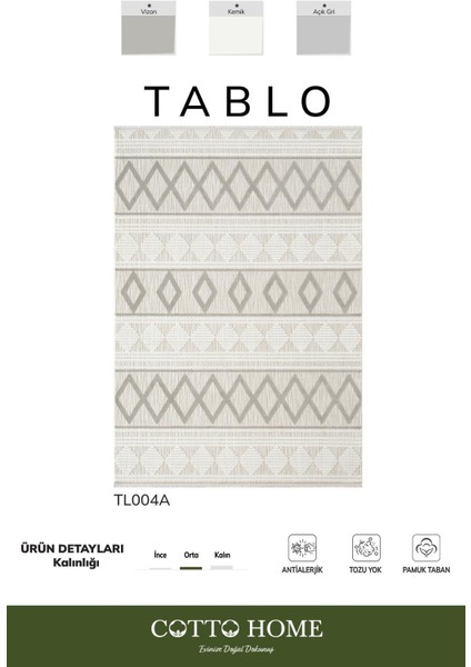 Tablo TL004A Krem Halı Modern Desen Antialerjik Pamuk Taban Yıkanabilir Salon Halısı Yatak Odası