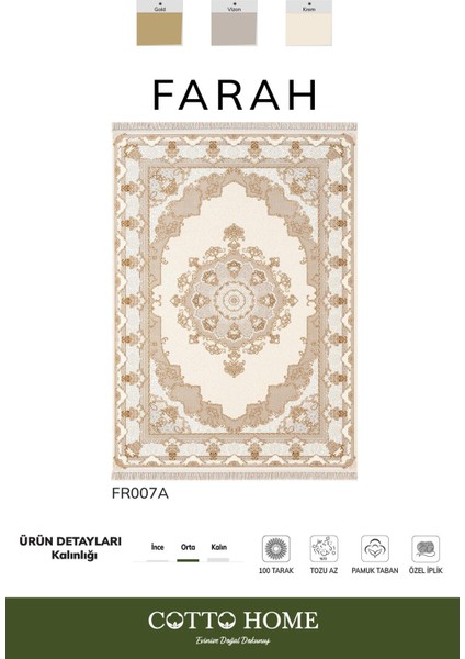 Farah FR007A Renkli Halı Klasik Desen Özel Ipli Pamuk Taban Tozu Az Salon Halısı Yatak Odası Koridor